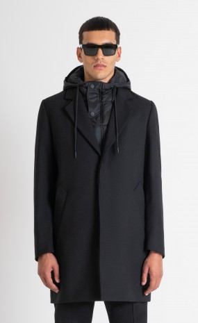 BLACK REGULAR FIT COAT WITH HOODED INNER VEST