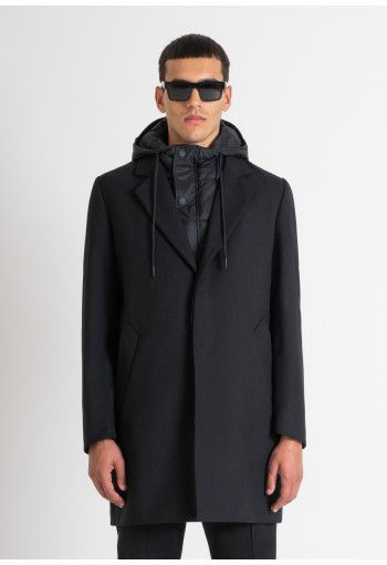 BLACK REGULAR FIT COAT WITH HOODED INNER VEST