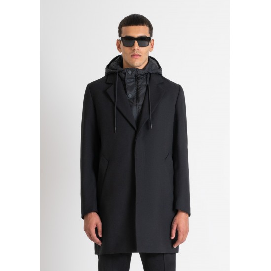 BLACK REGULAR FIT COAT WITH HOODED INNER VEST