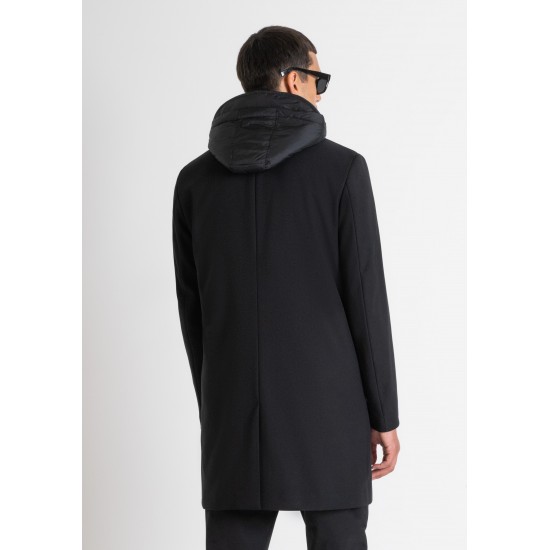 BLACK REGULAR FIT COAT WITH HOODED INNER VEST