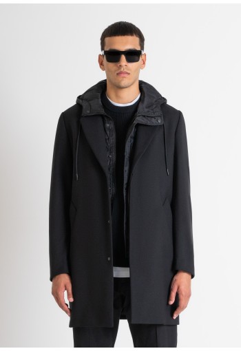 BLACK REGULAR FIT COAT WITH HOODED INNER VEST