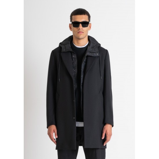 BLACK REGULAR FIT COAT WITH HOODED INNER VEST