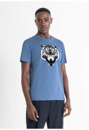 REGULAR FIT T-SHIRT IN BLUE COTTON JERSEY WITH TIGER PRINT