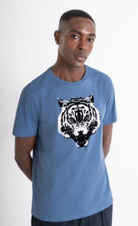 REGULAR FIT T-SHIRT IN BLUE COTTON JERSEY WITH TIGER PRINT