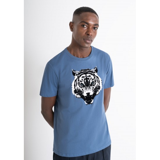 REGULAR FIT T-SHIRT IN BLUE COTTON JERSEY WITH TIGER PRINT