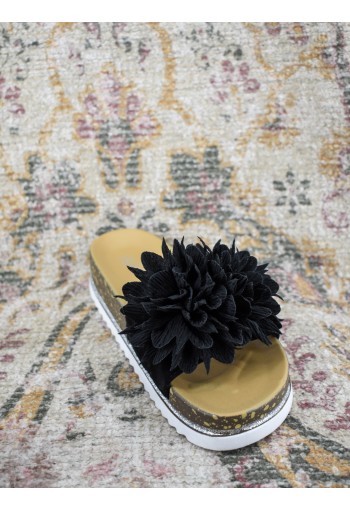 Δίπατη παντόφλα με λουλούδια μαύρη